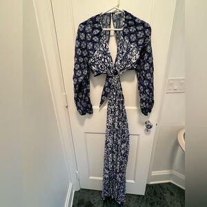 Blue Patterned Tie Maxi Dress